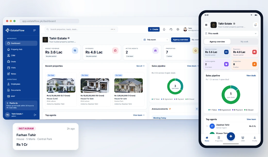 EstateFlow agency dashboard and CRM workspace
