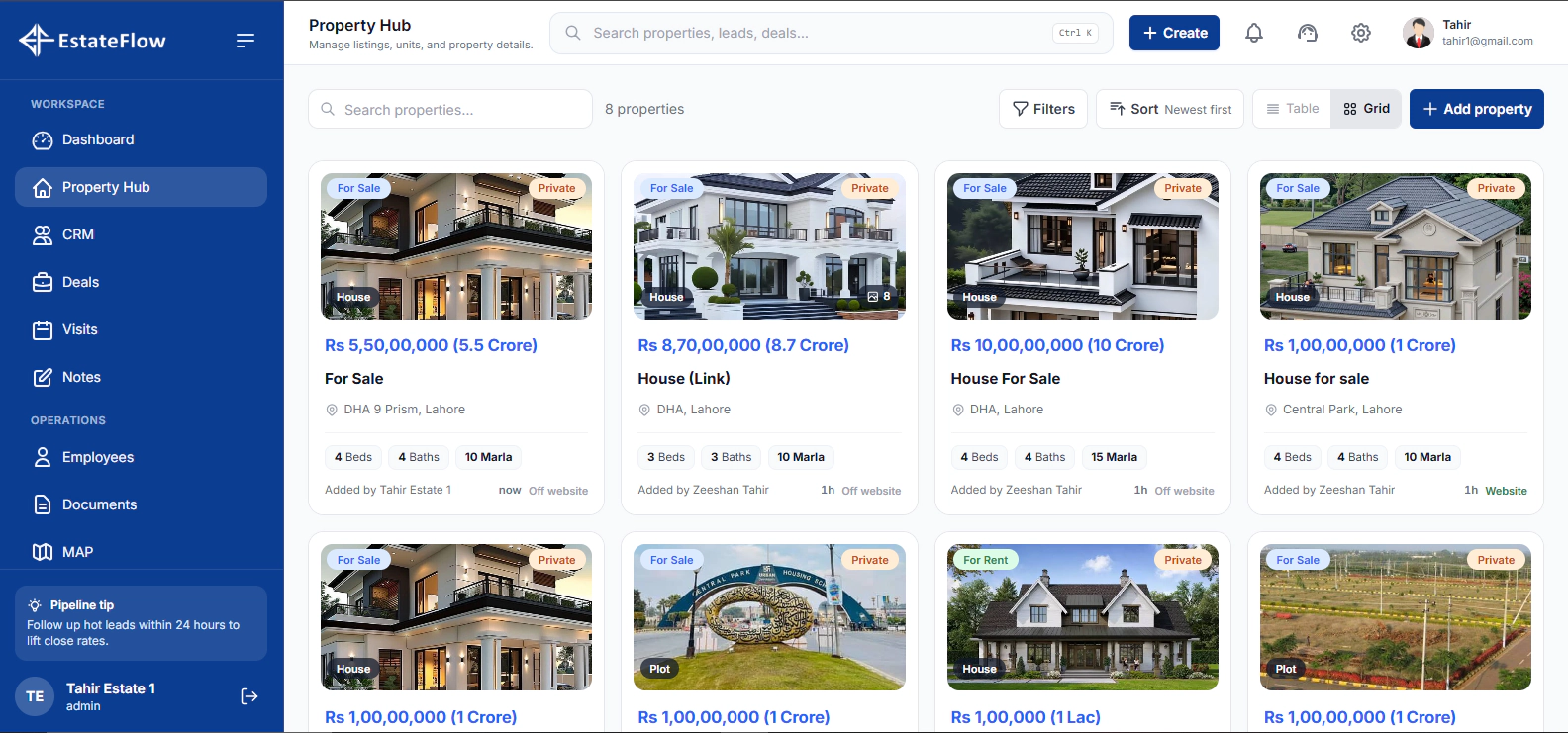 EstateFlow Property Hub with listings and property details